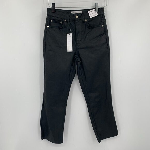 Topshop black coated straight jeans raw hem cropped high rise denim new 26 - Picture 4 of 6